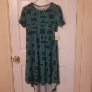 LuLaRoe Carly Short Sleeve Swing Dress Green Geometric Square Pattern Size XXS